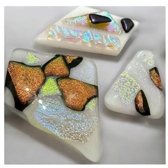 White Dichroic Art Glass Pieces – Iridescent Copper, Violet & Gold Accents - Picture 5 of 17